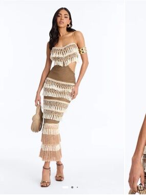Fringed Crochet Dress in Beige and Cream